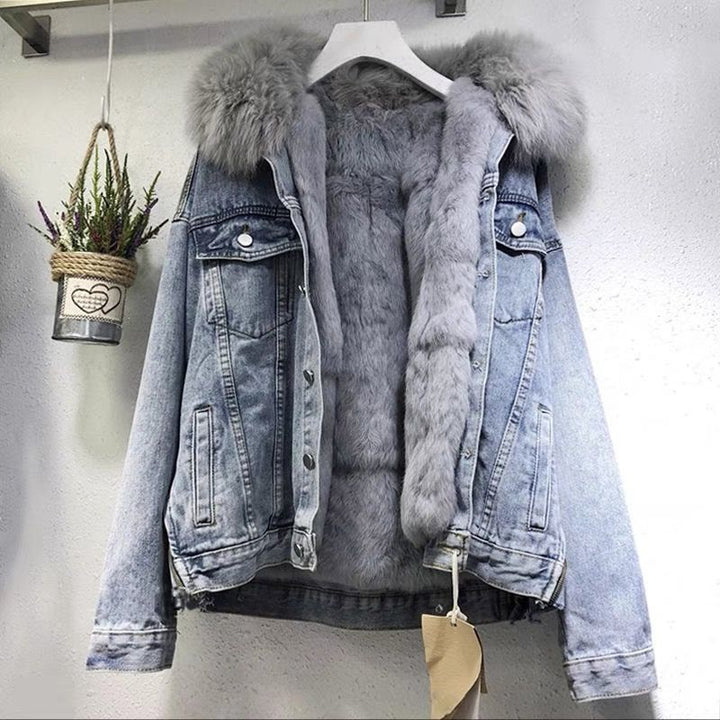 Padded denim jacket for women, short, with faux fur collar