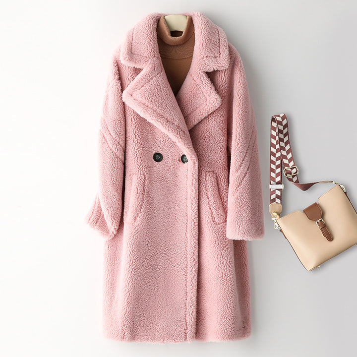 Long Teddy coat made of lambswool imitation for women