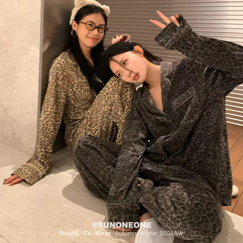 Women’s Pajama Set, Leopard Print, with Collar, warm