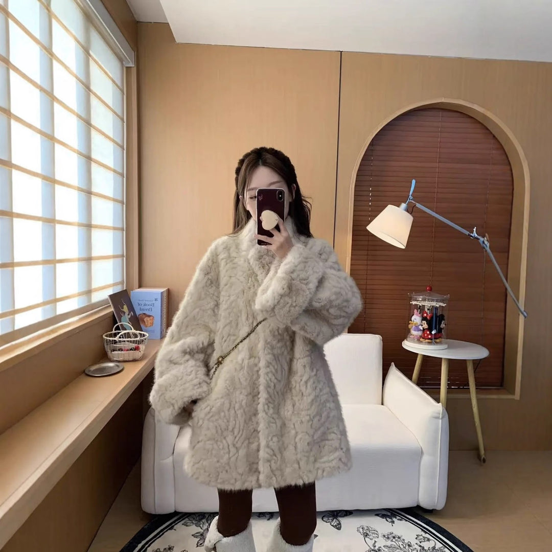 Women's coat in lambskin look with stand-up collar