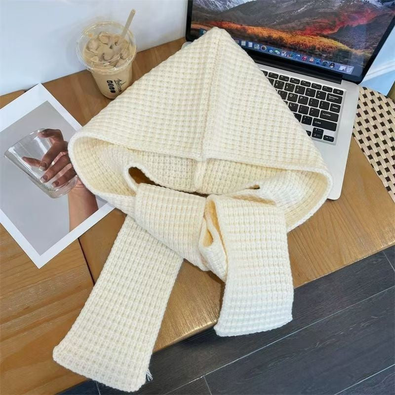 Knit hat with scarf, solid color, warm, 2-in-1 set