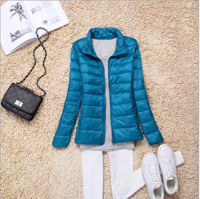 Short women's down jacket, white duck down lining, stand collar