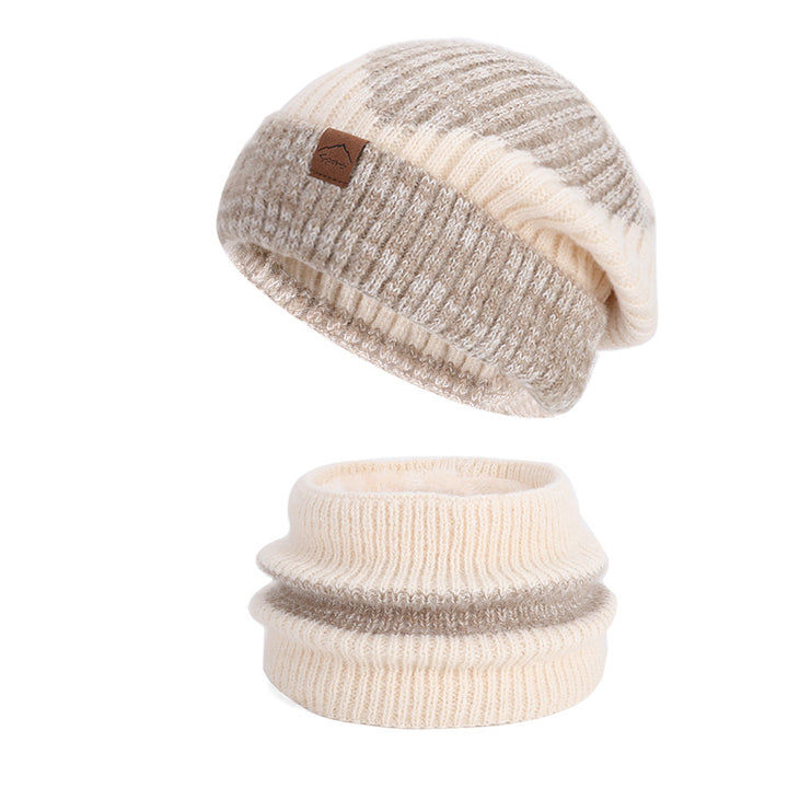 Knitted beanie and scarf set, lined, two-colored