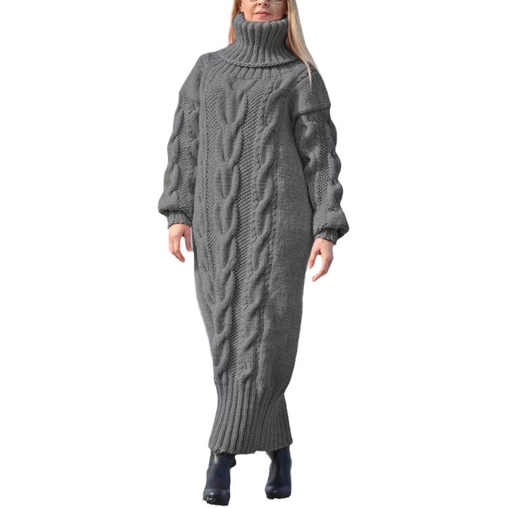 Long women's turtleneck sweater with cable pattern