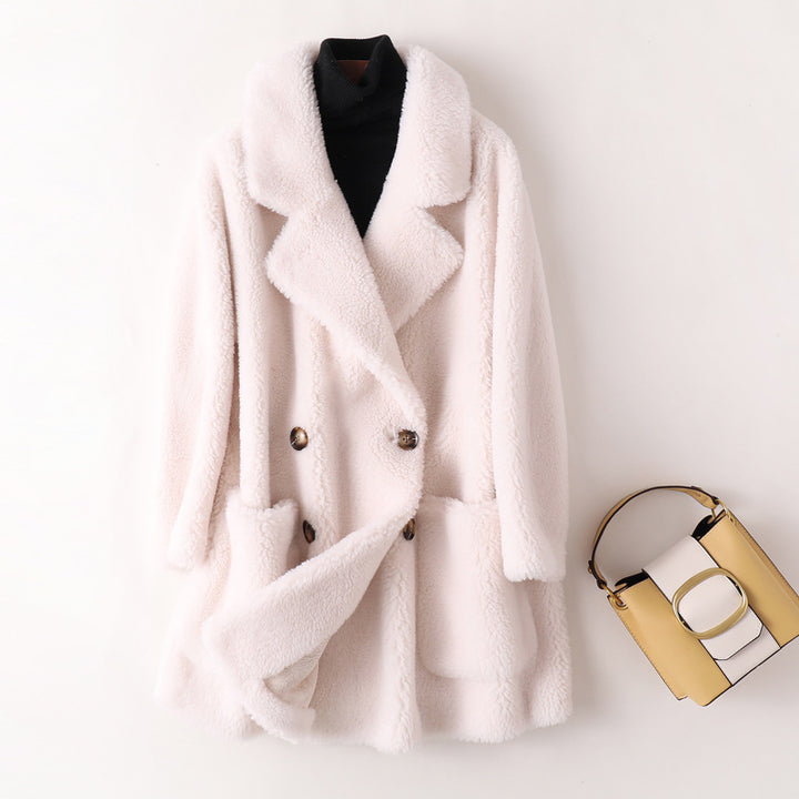 Women's coat made of lambskin imitation, medium length