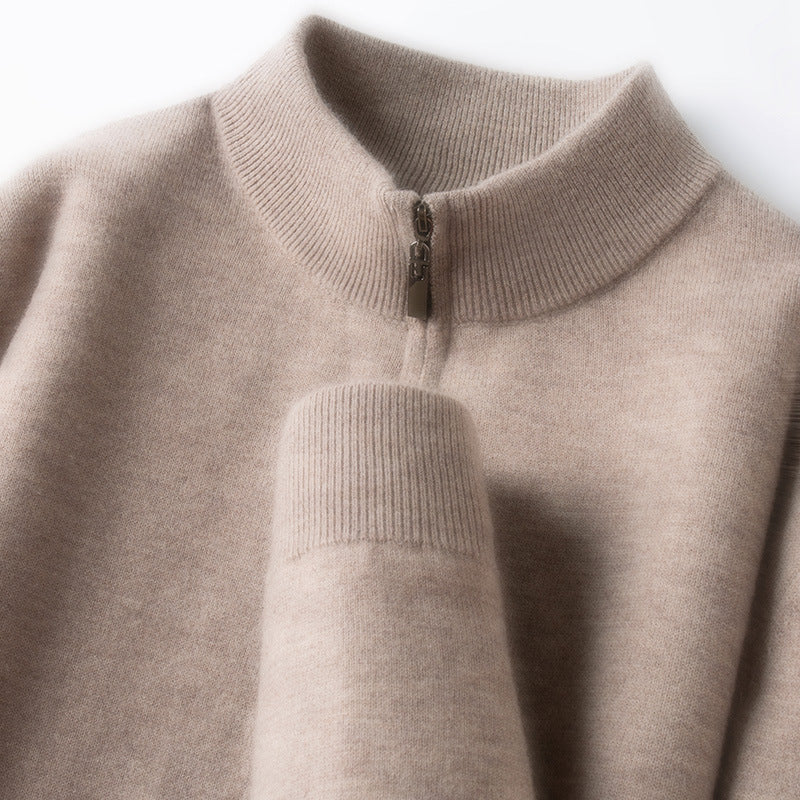 Men's wool pullover, 100% wool, zipper, stand-up collar