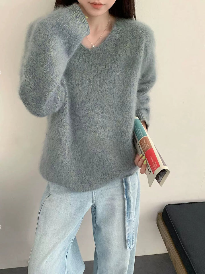 Ladies V-neck Sweater, Wool-Cashmere, Brushed