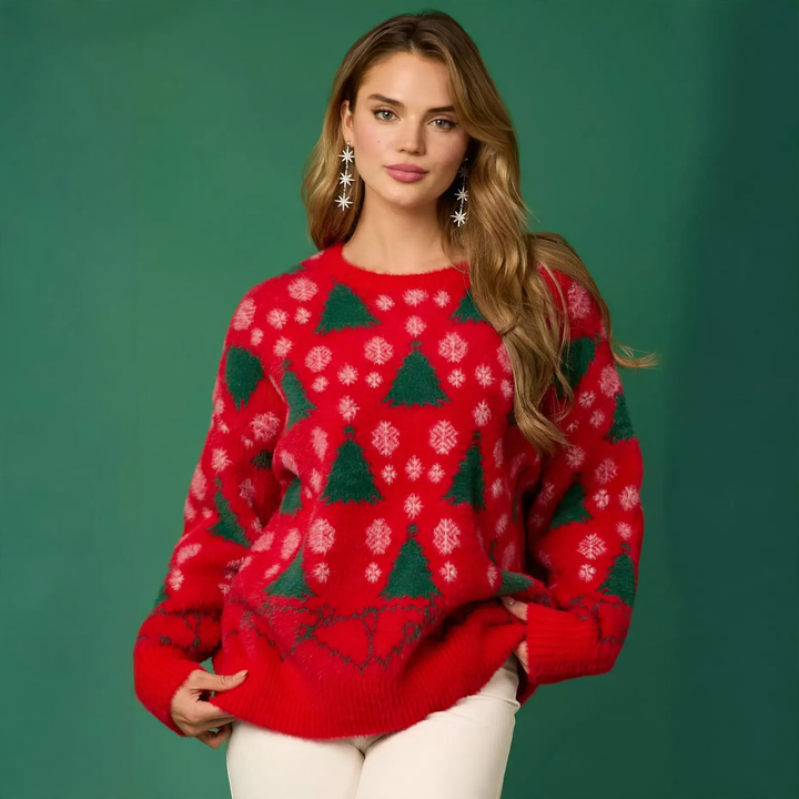 Ladies' Christmas sweater with reindeer and tree motif