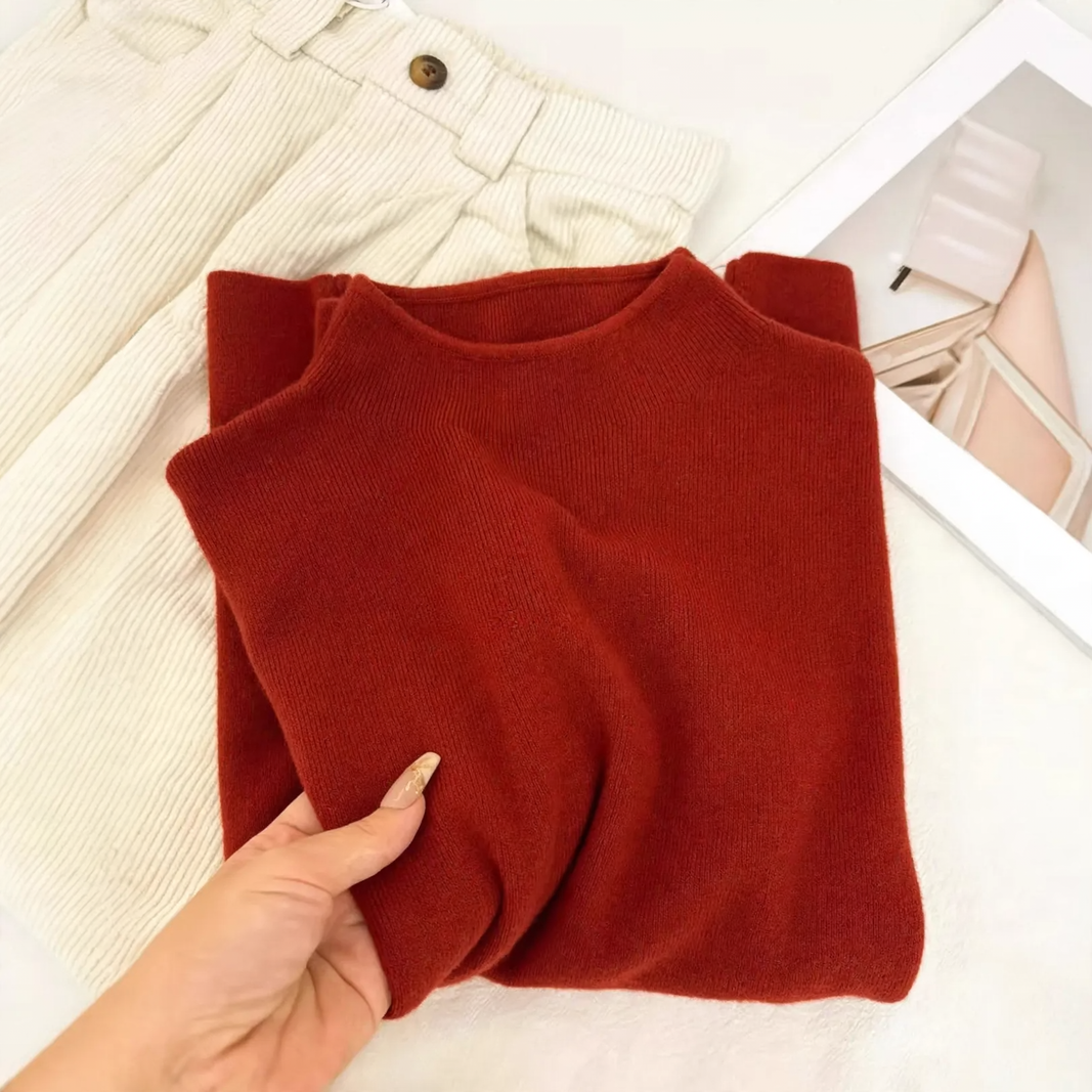 Women's knitted pullover with stand-up collar, versatile basic