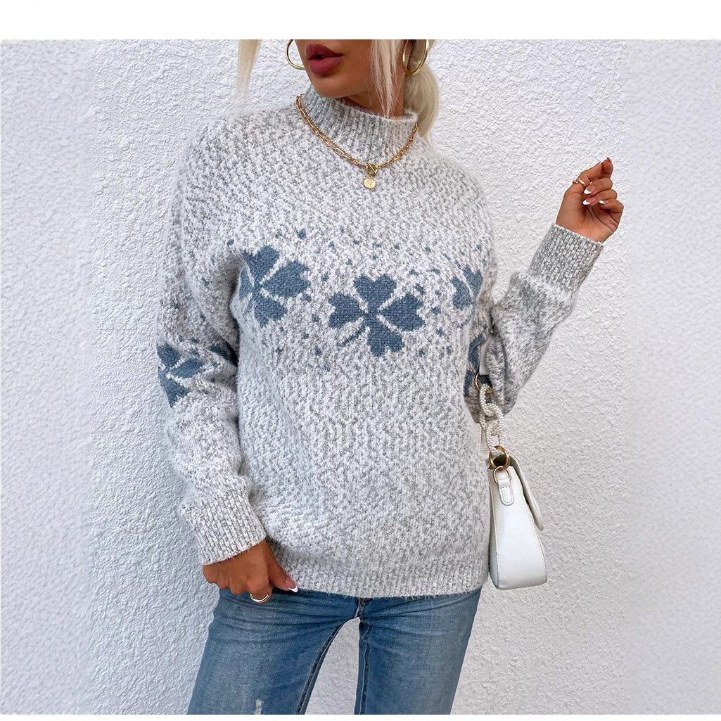 Christmas sweater with snowflake pattern and stand-up collar