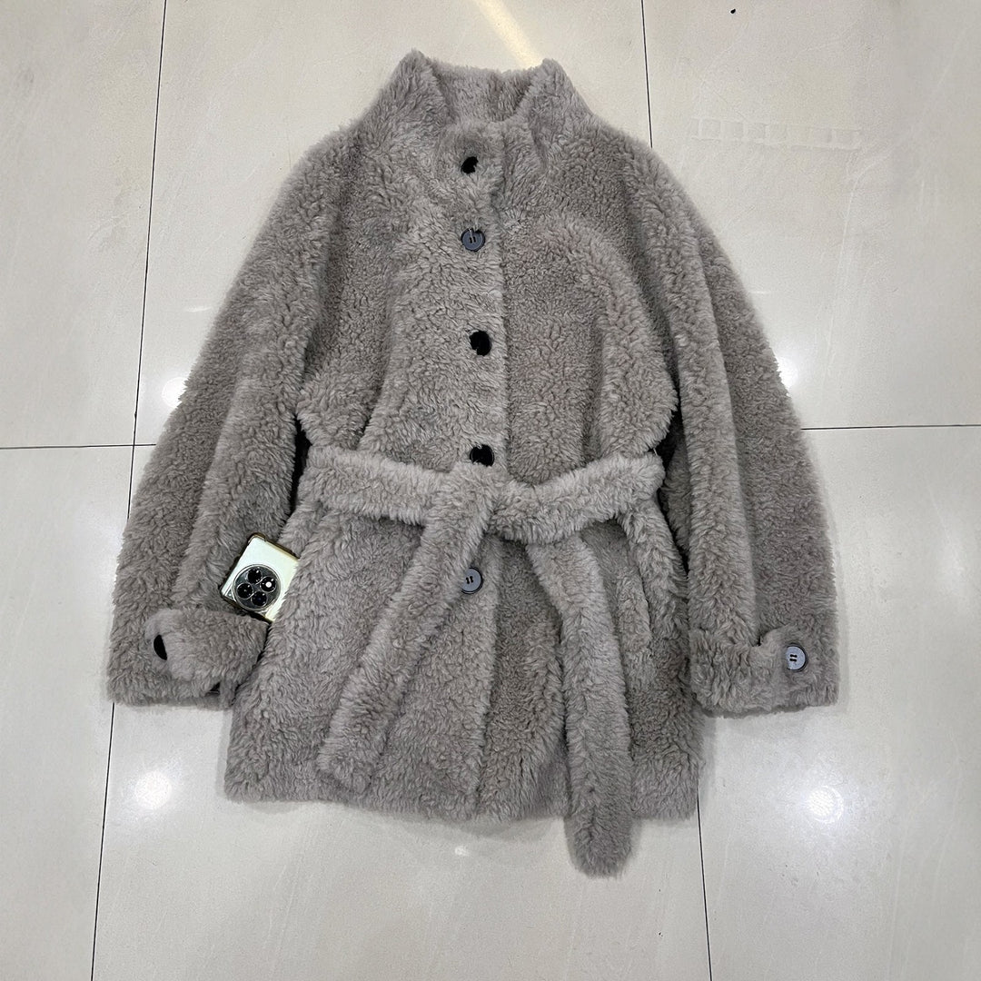 Sheepskin coat with tie belt