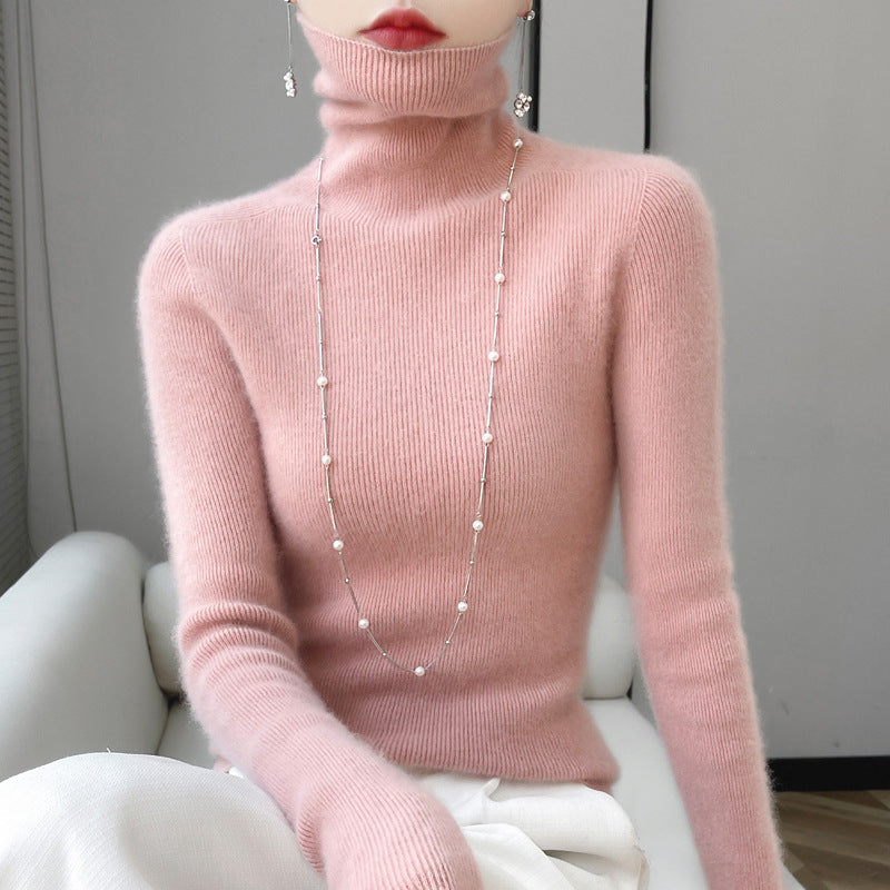 Women's knitted pullover with stand-up collar, long-sleeved, lined