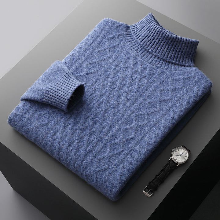 Men's wool sweater with shawl collar and cable knit pattern