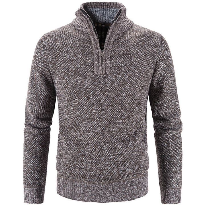Men's knit sweater with stand-up collar and zipper