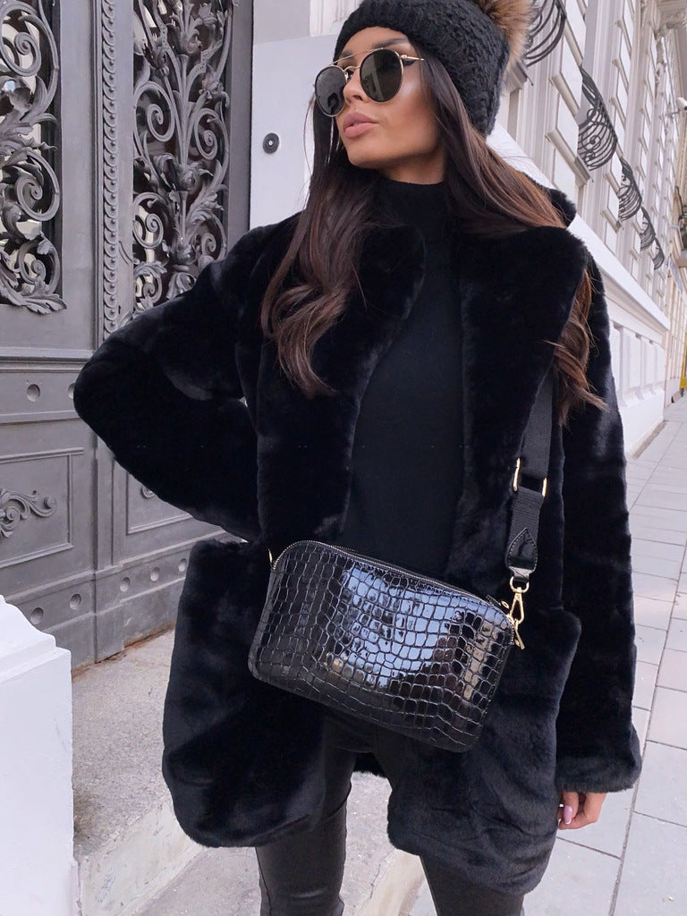 Long faux fur coat with lapel collar