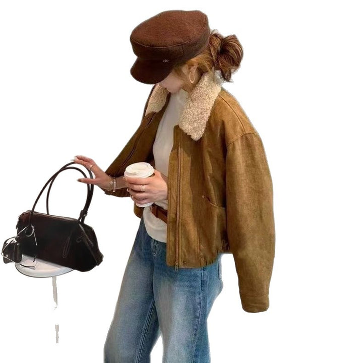 Women’s winter jacket, suede look, lambskin lining