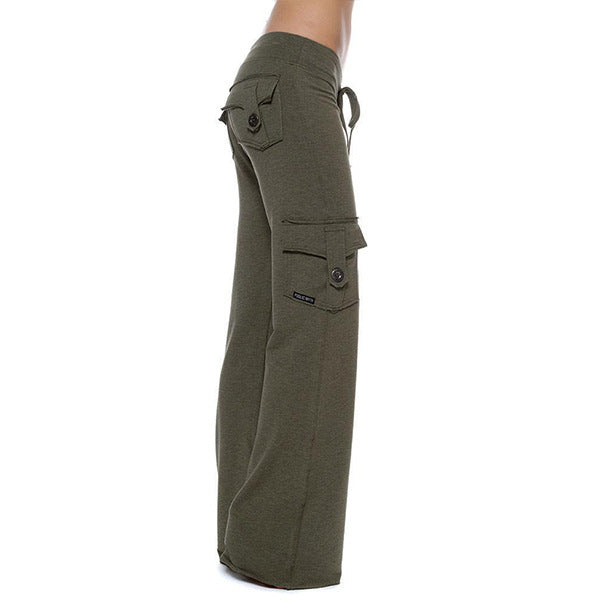 Women's casual low-rise cargo lounge pants with wide leg, wide comfort waistband, and decorative flap pockets Mune Fashion