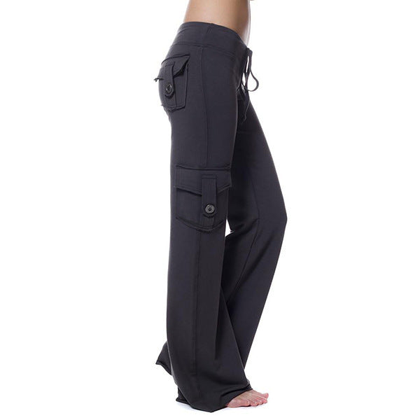 Women's casual low-rise cargo lounge pants with wide leg, wide comfort waistband, and decorative flap pockets Mune Fashion