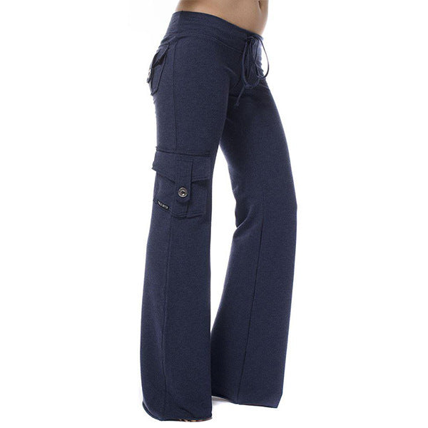 Women's casual low-rise cargo lounge pants with wide leg, wide comfort waistband, and decorative flap pockets Mune Fashion
