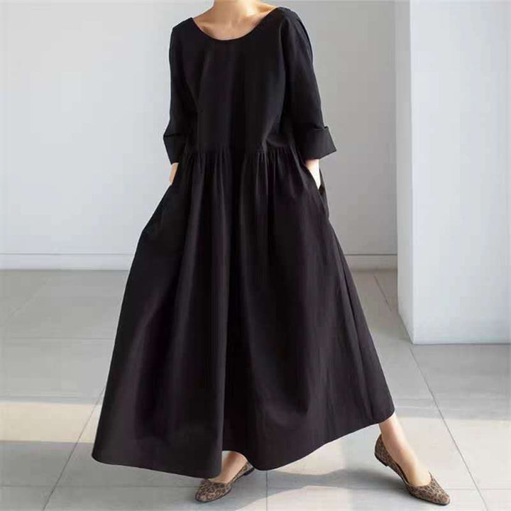 Women Long Cotton Maxi Dress with Ruched Neckline, Empire Seam and Half Sleeve Mune Fashion