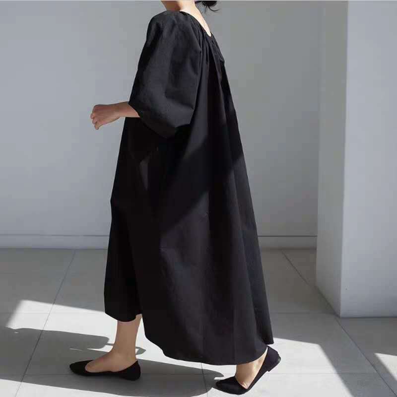 Women's Loose Smock Maxi Dress with Ruffled Round Neckline, Balloon Sleeves, and Side Pockets Mune Fashion