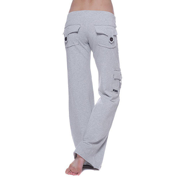 Women's casual low-rise cargo lounge pants with wide leg, wide comfort waistband, and decorative flap pockets Mune Fashion