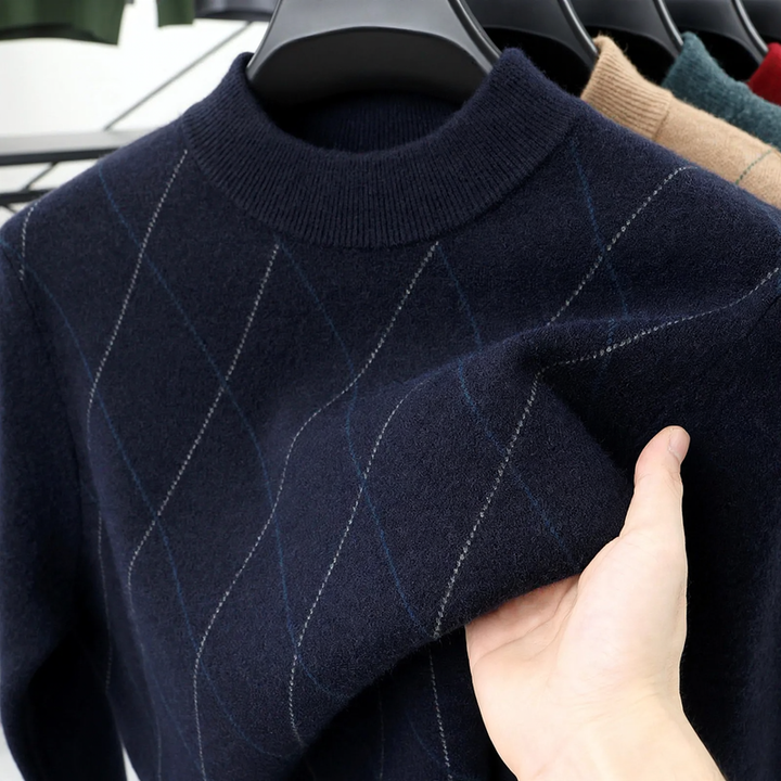 Men's wool sweater, checkered, stand collar, extra warm