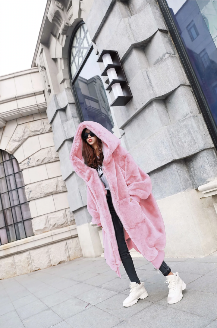 Long ladies' hooded jacket in rabbit fur look