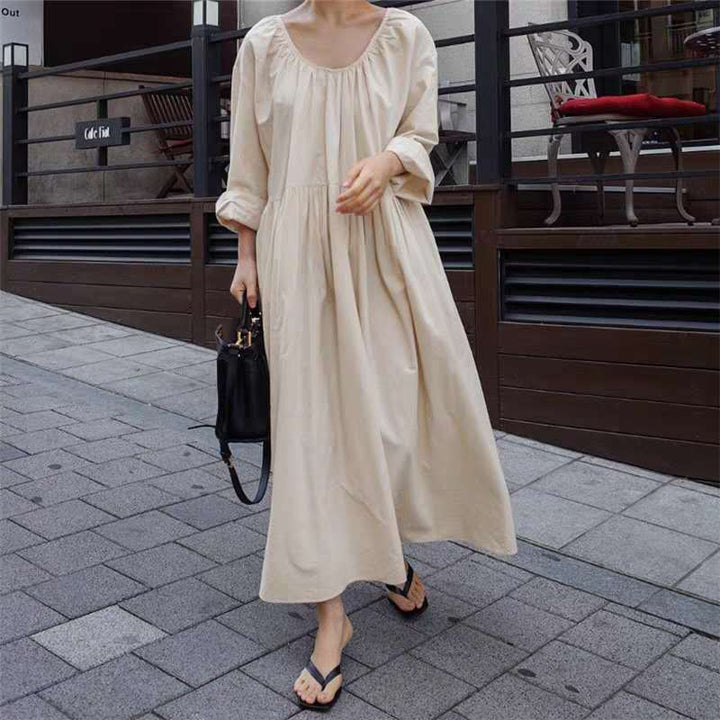 Women Long Cotton Maxi Dress with Ruched Neckline, Empire Seam and Half Sleeve Mune Fashion