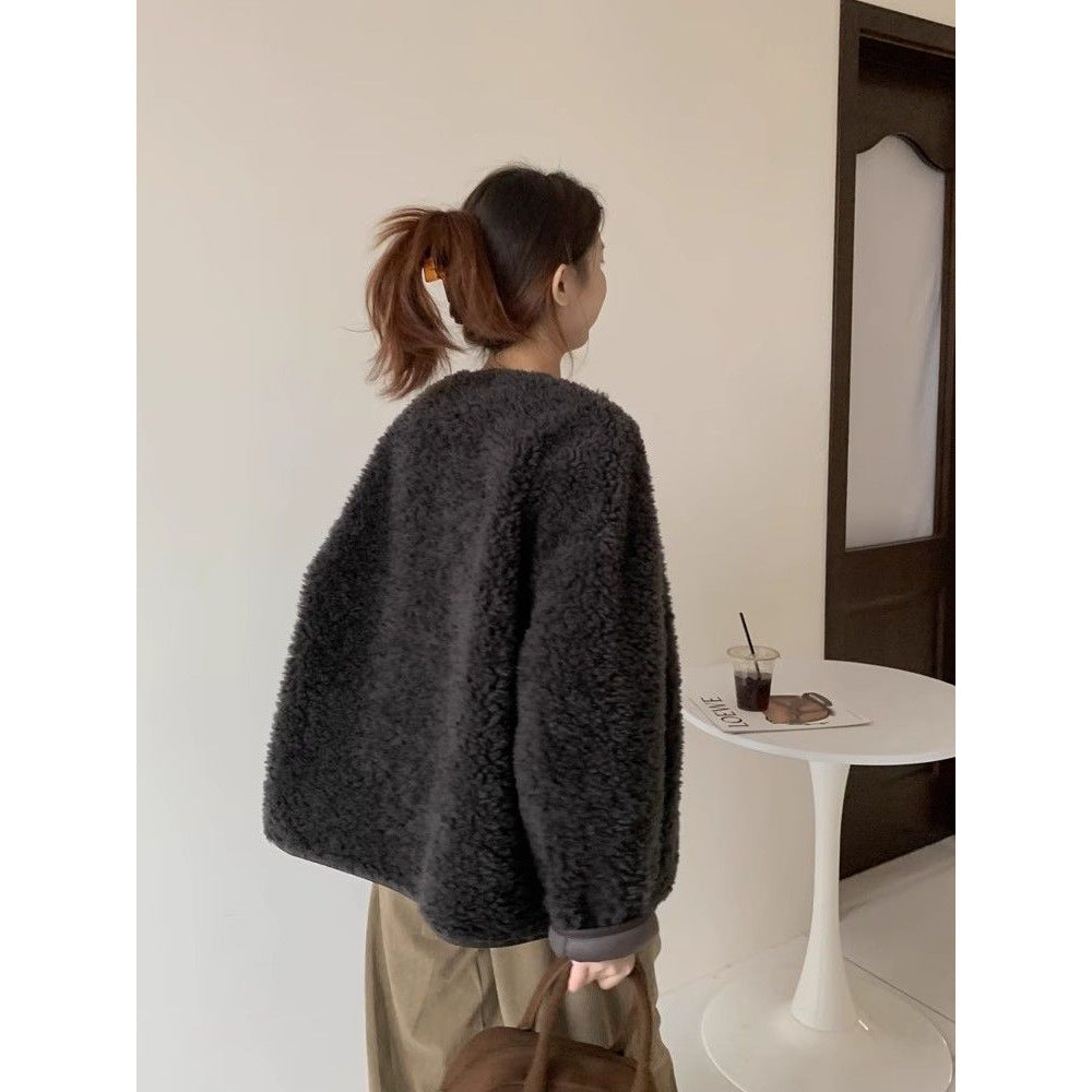 Sheep fur coat for women, round neckline