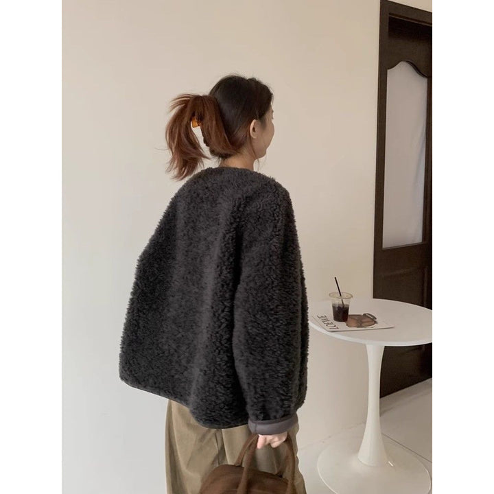 Sheep fur coat for women, round neckline