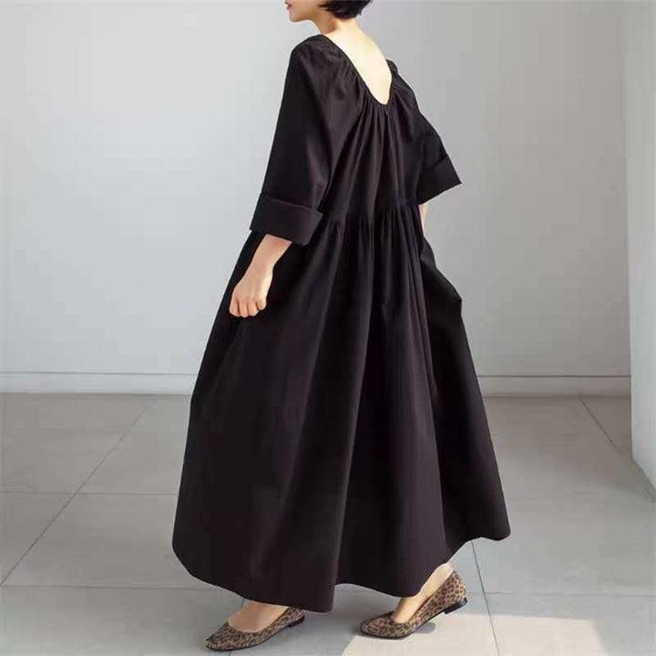 Women Long Cotton Maxi Dress with Ruched Neckline, Empire Seam and Half Sleeve Mune Fashion