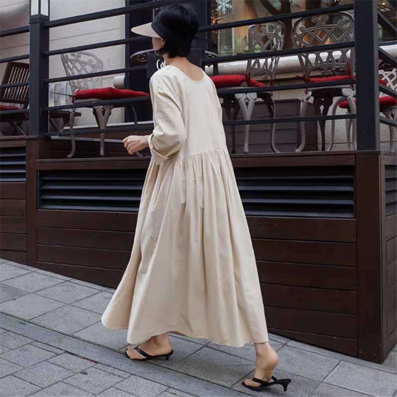 Women Long Cotton Maxi Dress with Ruched Neckline, Empire Seam and Half Sleeve Mune Fashion