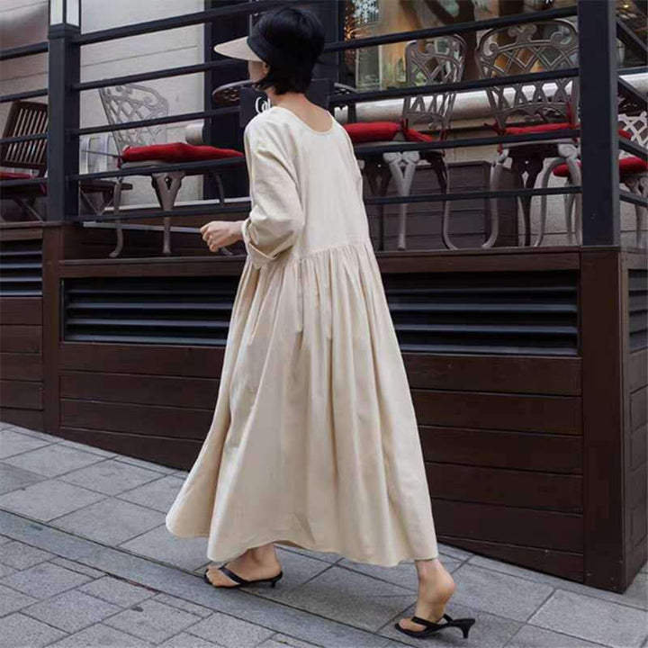 Women Long Cotton Maxi Dress with Ruched Neckline, Empire Seam and Half Sleeve Mune Fashion