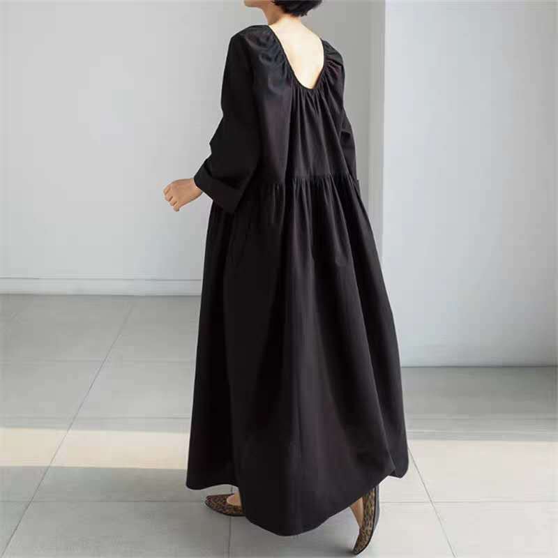 Women Long Cotton Maxi Dress with Ruched Neckline, Empire Seam and Half Sleeve Mune Fashion