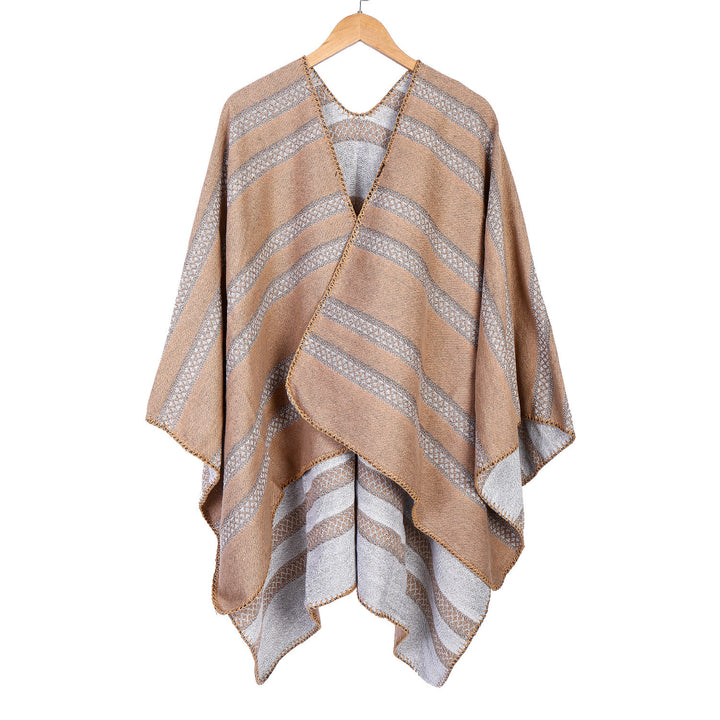 Ladies Oversize Ruana with graphic longitudinal jacquard stripes and open kimono fall Mune Fashion