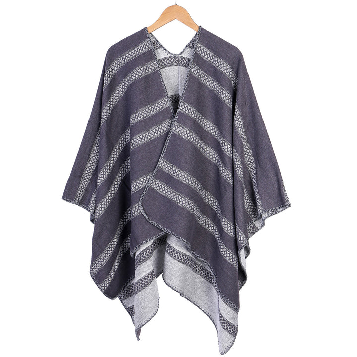 Ladies Oversize Ruana with graphic longitudinal jacquard stripes and open kimono fall Mune Fashion
