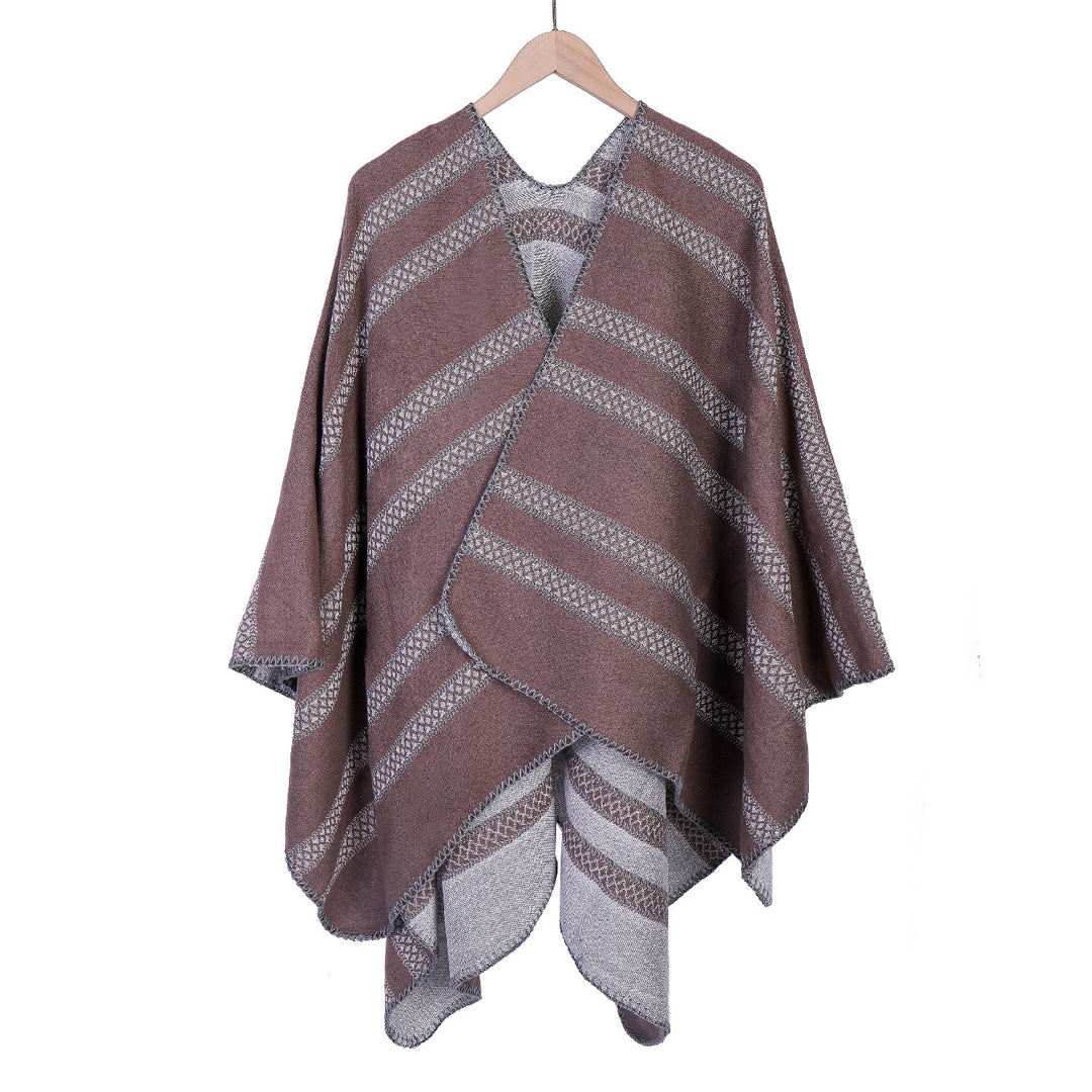 Ladies Oversize Ruana with graphic longitudinal jacquard stripes and open kimono fall Mune Fashion