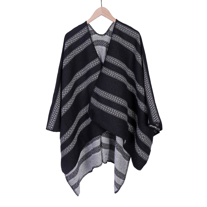 Ladies Oversize Ruana with graphic longitudinal jacquard stripes and open kimono fall Mune Fashion