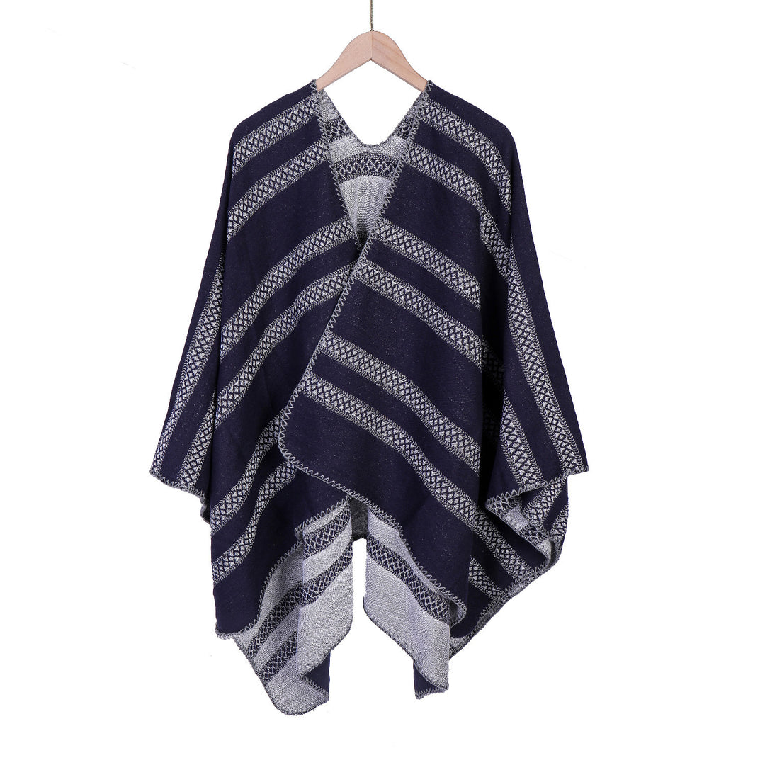 Ladies Oversize Ruana with graphic longitudinal jacquard stripes and open kimono fall Mune Fashion
