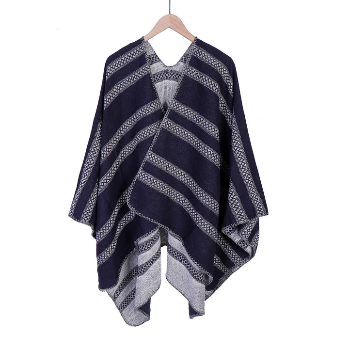 Ladies Oversize Ruana with graphic longitudinal jacquard stripes and open kimono fall Mune Fashion