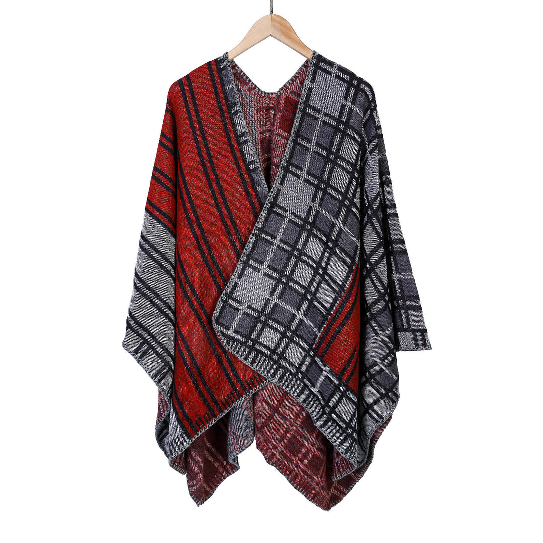Women's Oversized Ruana in Patch Plaid Knit with Open Hem Mune Fashion