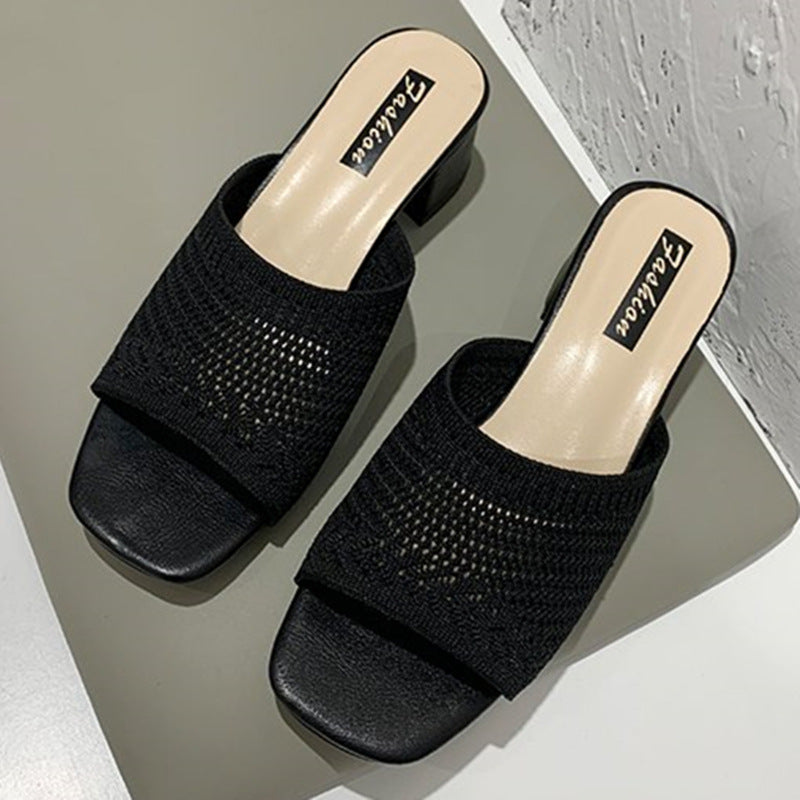 Women's airy knitted mules with square toe and wide block heel Mune Fashion