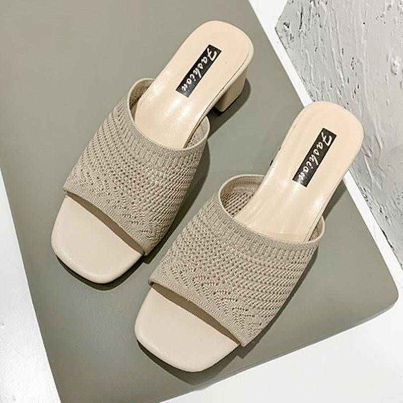 Women's airy knitted mules with square toe and wide block heel Mune Fashion