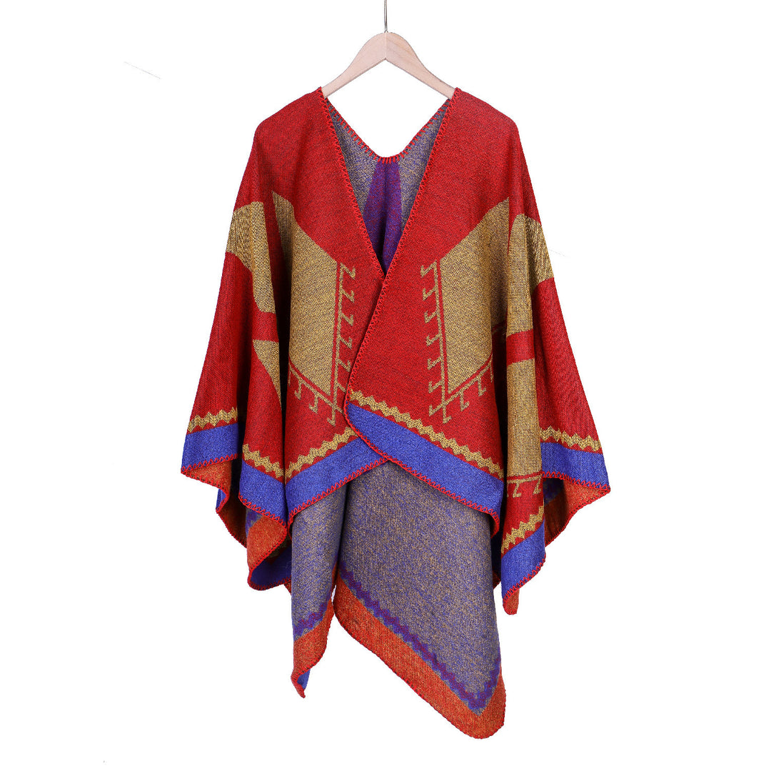Women's Oversized Ruana in Ethno-Jacquard with V-Neck Mune Fashion