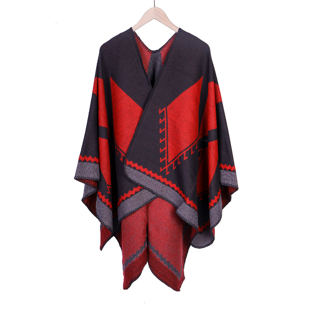 Women's Oversized Ruana in Ethno-Jacquard with V-Neck Mune Fashion