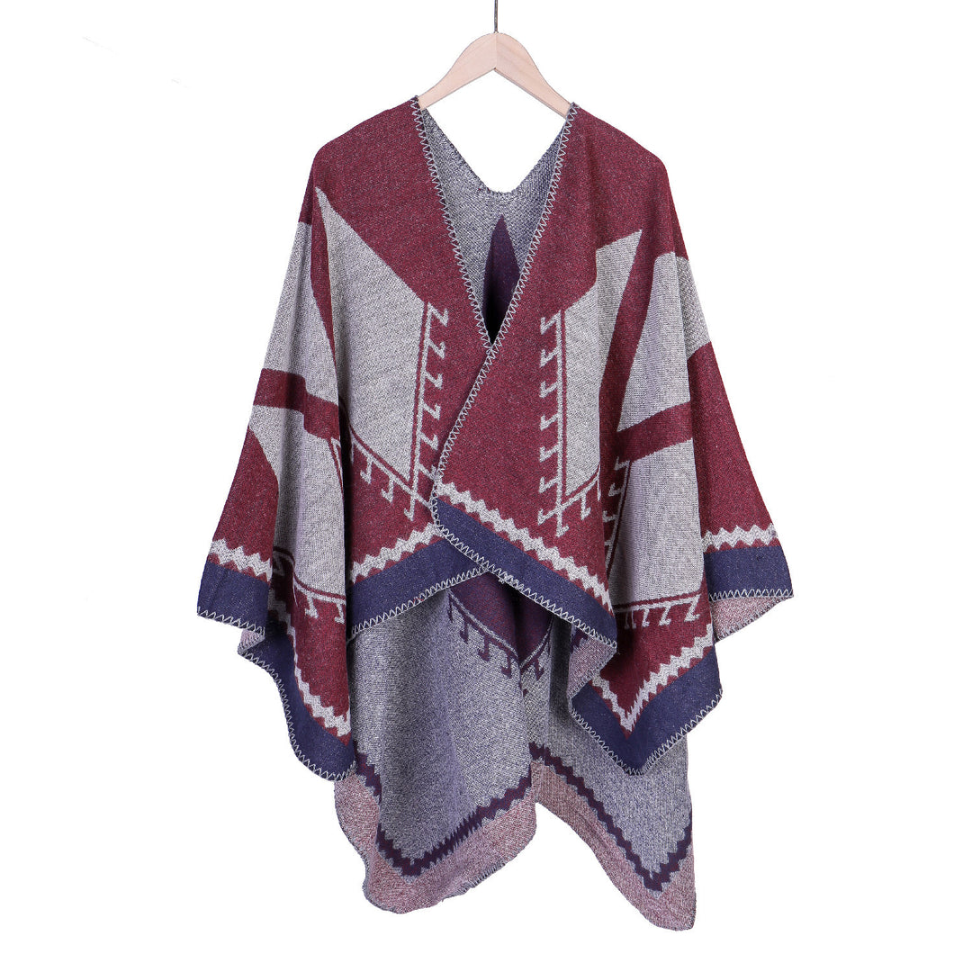 Women's Oversized Ruana in Ethno-Jacquard with V-Neck Mune Fashion