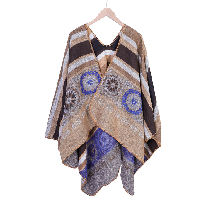 Women Oversize Ruana Poncho with V-neck and ornamental Jacquard weaving Mune Fashion
