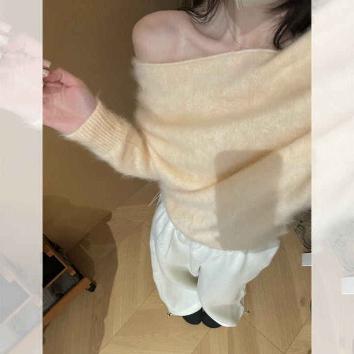 Women’s knit sweater with off-the-shoulder neckline, loose