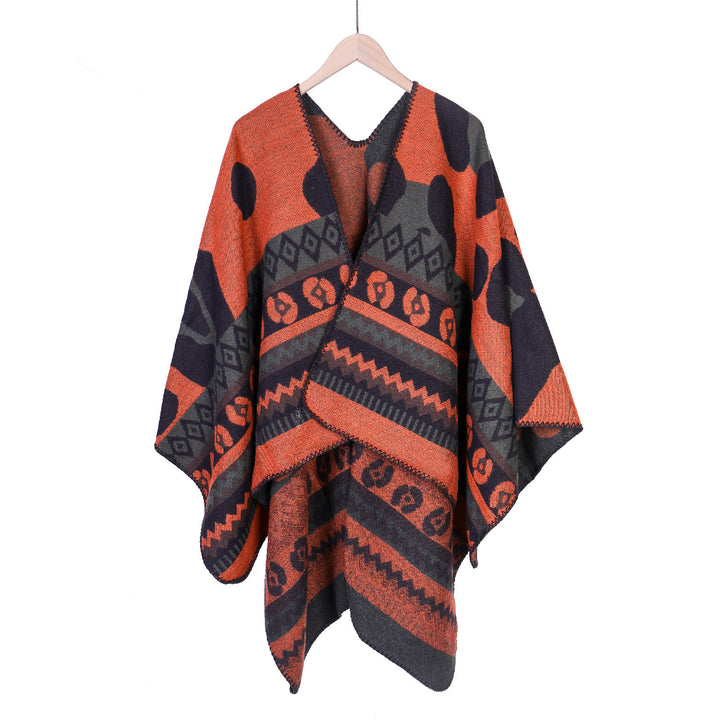 Women Jacquard Ruana Poncho with Ethno Jacquard and open oversized fall Mune Fashion